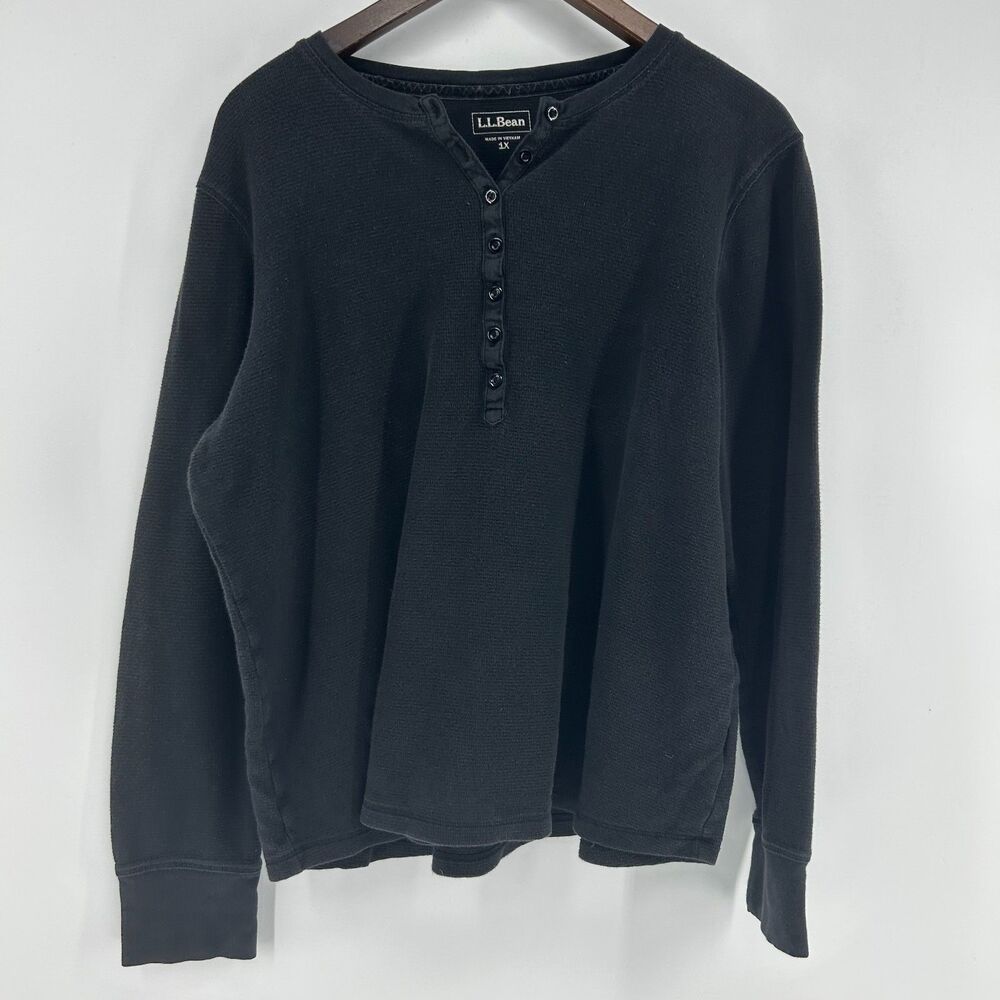 Vintage L.L. Bean Waffle Knit Henley Shirt Kid's 1XL Black Thermal Long Sleeve